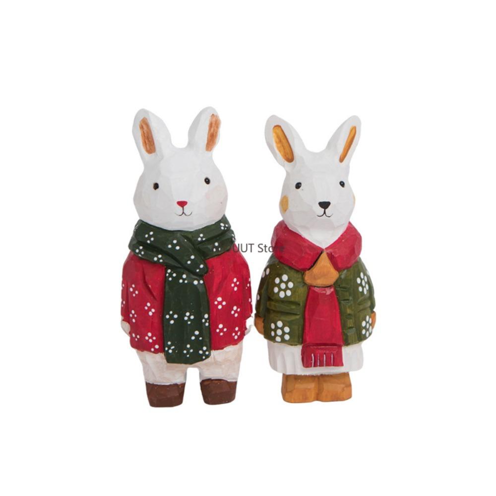 Handcrafted Wood Carving Rabbit Man Figurines Ornaments Home Office Kawaii Desktop Decor Birthday Christmas Gift for Family