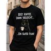 Men's Black Cat Coffee Lover Graphic Tee Short Sleeve Crewneck Cotton T-Shirt Funny German Quote Sarcasm Casual Daily Wear