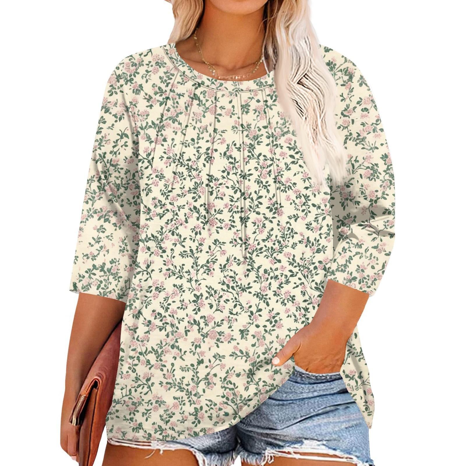 

Женские топы с принтом и круглым вырезом больших размеров, рукава 3/4, элегантные рубашки XXL