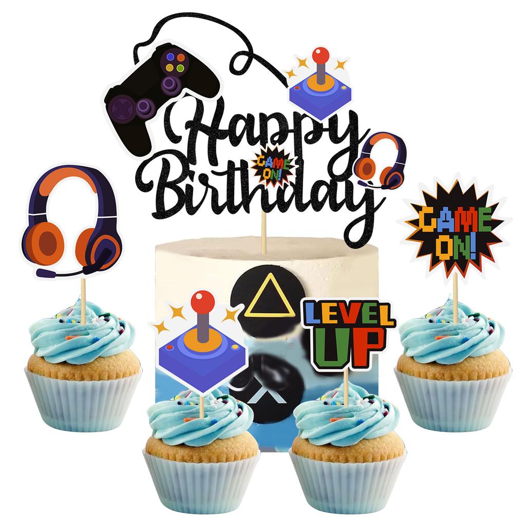 5 PCS Video Game Cupcake Toppers Video Game Happy Birthday Cake Topper Game On Controllers Cupcake Picks GamePad Cake Decoration
