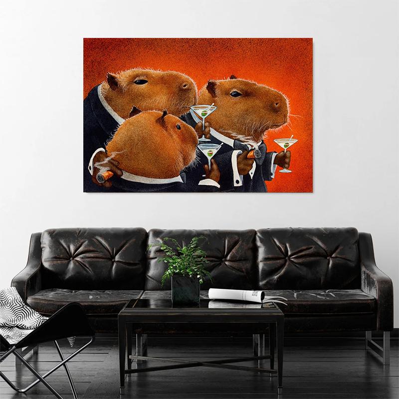 Funny Cute Animal Capybara in Suit Gentleman Drinking Art Posters Canvas Painting Wall Prints Picture for Living Room Home Decor