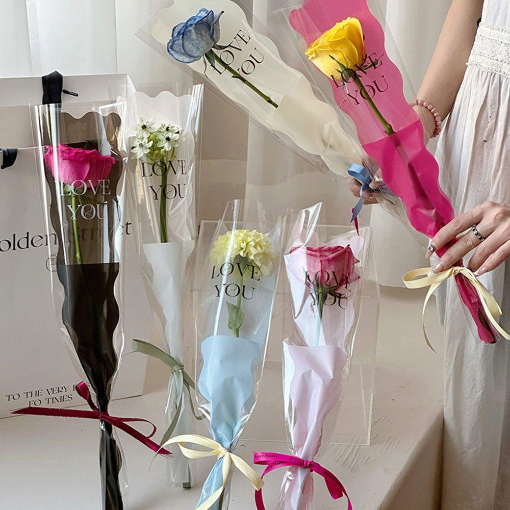 50Pcs Clear Flower Wrapping Bag LOVE YOU Print Single Flower Bag Floral Packaging