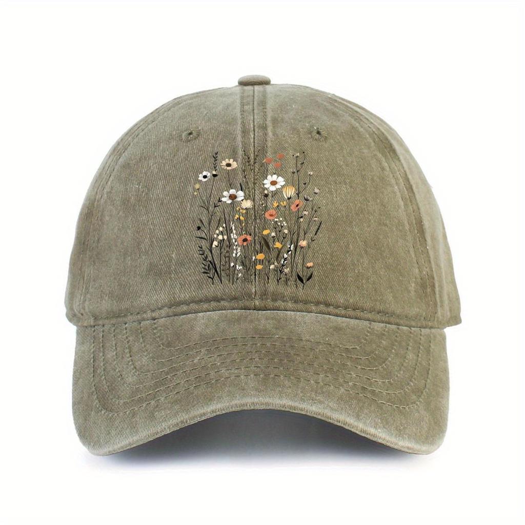Wildflower Bouquet Print Washed Denim Baseball Cap Vintage Adjustable Cotton Outdoor Casual Hat