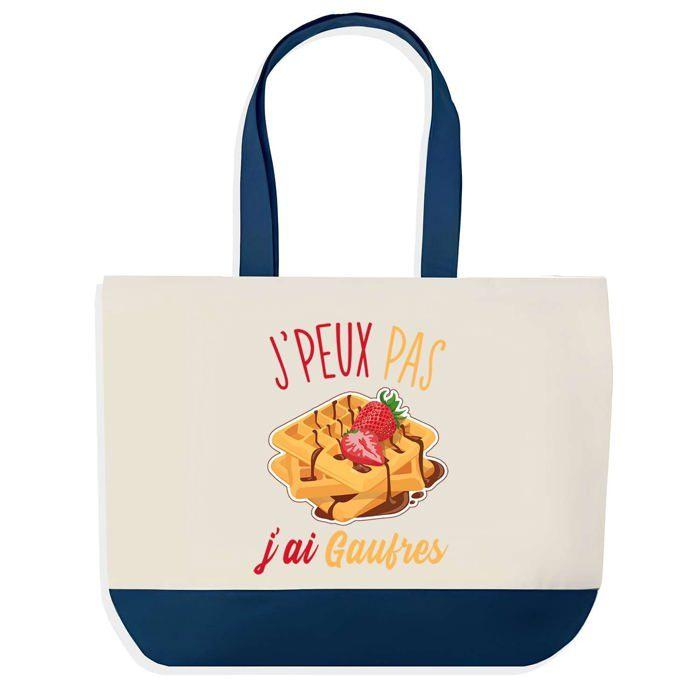 Tote bag - PLANETEE - Grand sac shopping fond bleu - J'peux pas Gaufres - Coton 40x45 cm - Fabriqué en France