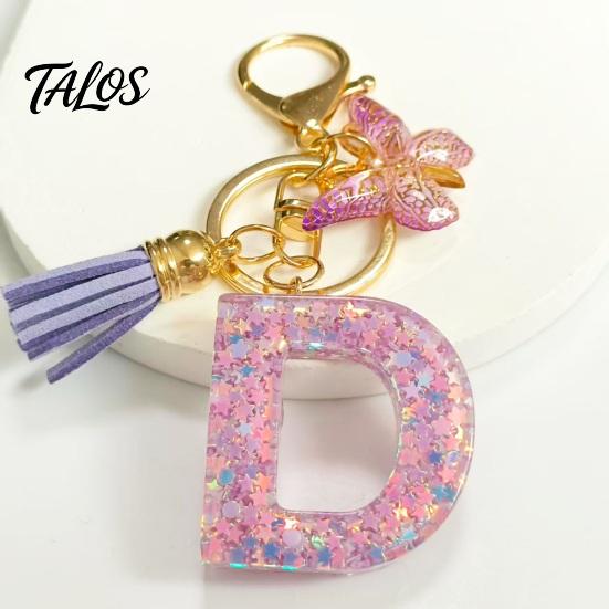 Talos Purple Series Keychain Pendant, Sequins Star Initial Letter Charm Key Chain with Butterfly Tassel Design, A-Z Holder for Bag Purse Backpack