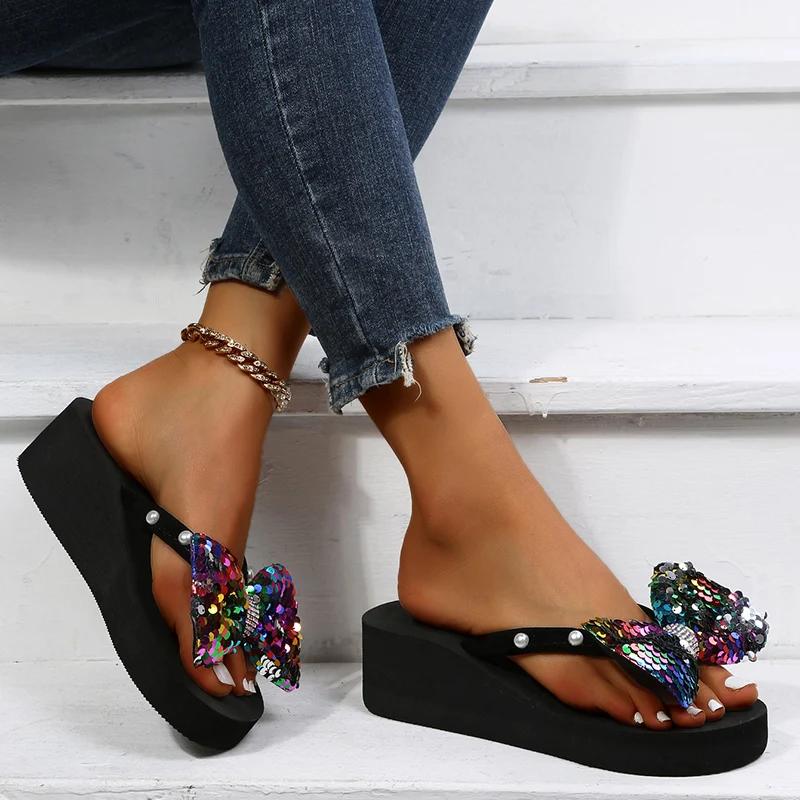 

Мода 2025 Стильные шлепанцы Peard Decro для женщин Летние шлепанцы с бантом Женские Нескользящие Мягкая подошва Платформа Слайды Женские 42