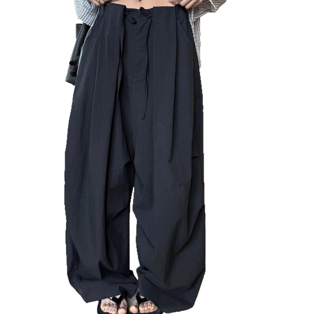 Womens White Drawstring Waist Wide Leg Pants Solid Color Casual Loose Fit Trousers
