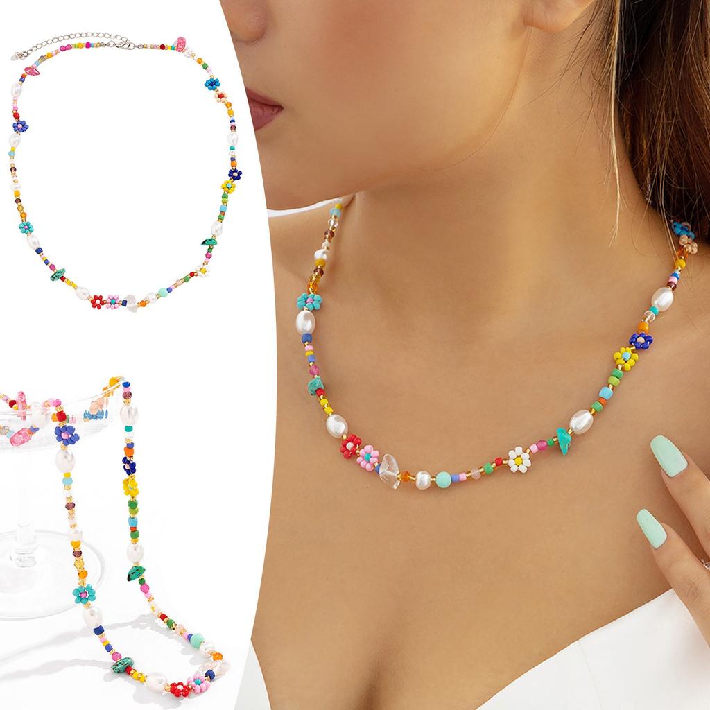 Rice Bead Woven Imitation Pearl Necklace Ethnic Mix And  Gravel Necklace Women