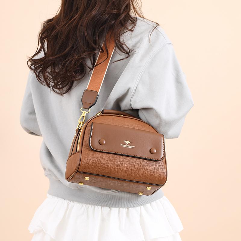 Women's PU leather top handle crossbody bag with multiple pockets, stylish contrasting color matching, and simple shoulder bag