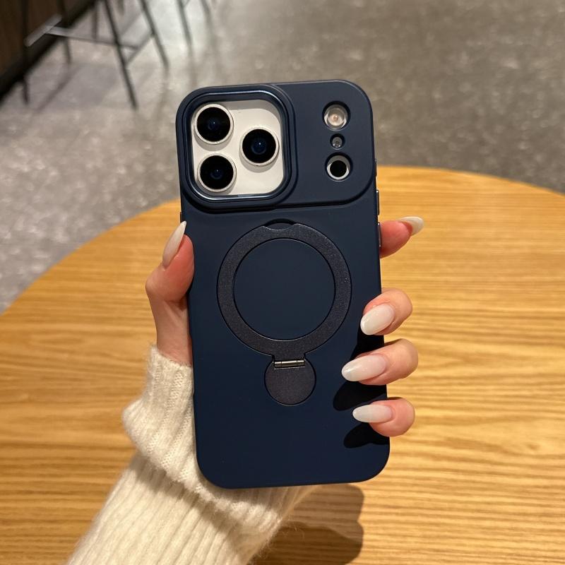 Rotating Bracket Phone Case For iPhone 17 16 15 14 13 Pro Max Luxury Liquid Silicone For Magsafe Magnetic Metal Cover