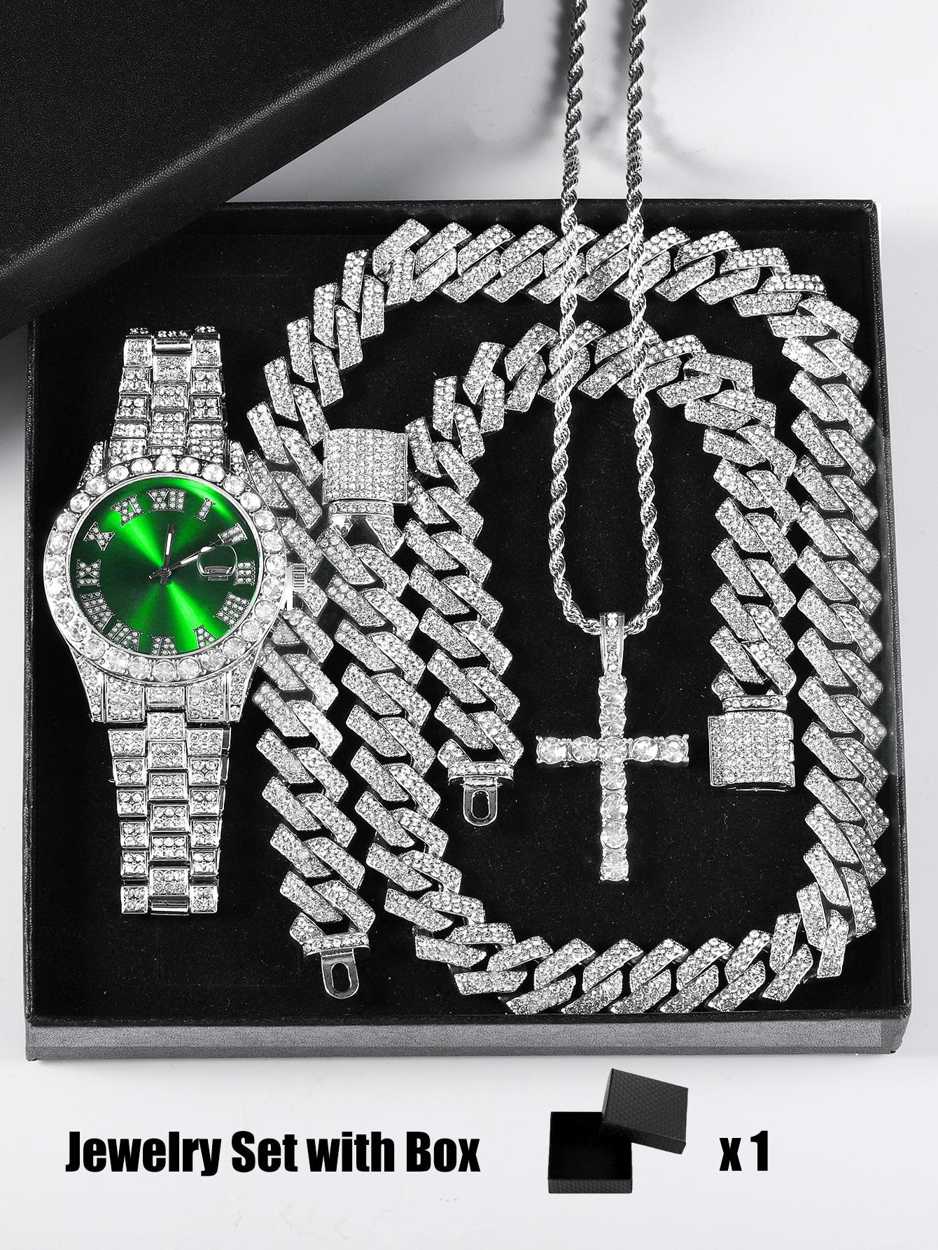 

Iced Out Luxury Popular set Watch+Bracelet+Necklace With Gift Box Cuban Chain Cross Pendent Jewelry HipHop Style For Men Women 50cm
