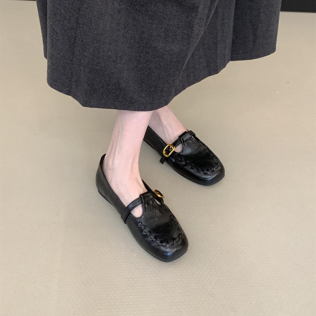 Retro square toe one-foot shoes women's 2025 autumn new suede beanie shoes soft flat Mary Jane small leather shoes