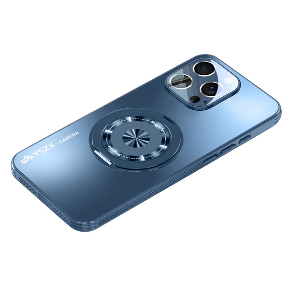 

For iPhone 16 Pro Magnetic Case Rotating Kickstand PC+TPU Heat Dissipation Phone Cover with Lens Protection Navy Blue