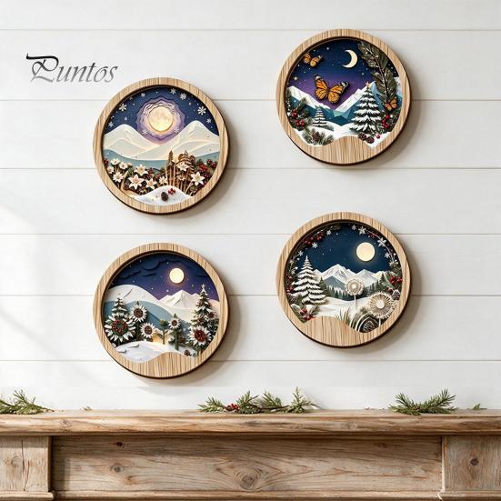 Living Room Wall Ornament Round Wooden Winter Mountain Art with 3D Layered Snow Scenery for Holiday Nature Inspired Home Decor Decor, Rustic Christmas