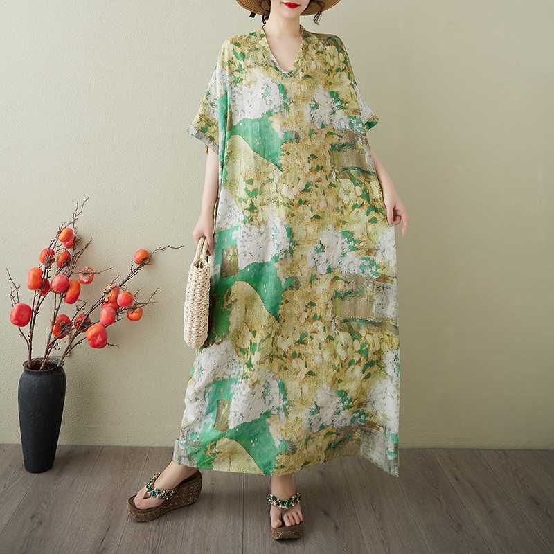 Damen Vintage Langes Kleid mit Baumwoll- und Leinenmustern