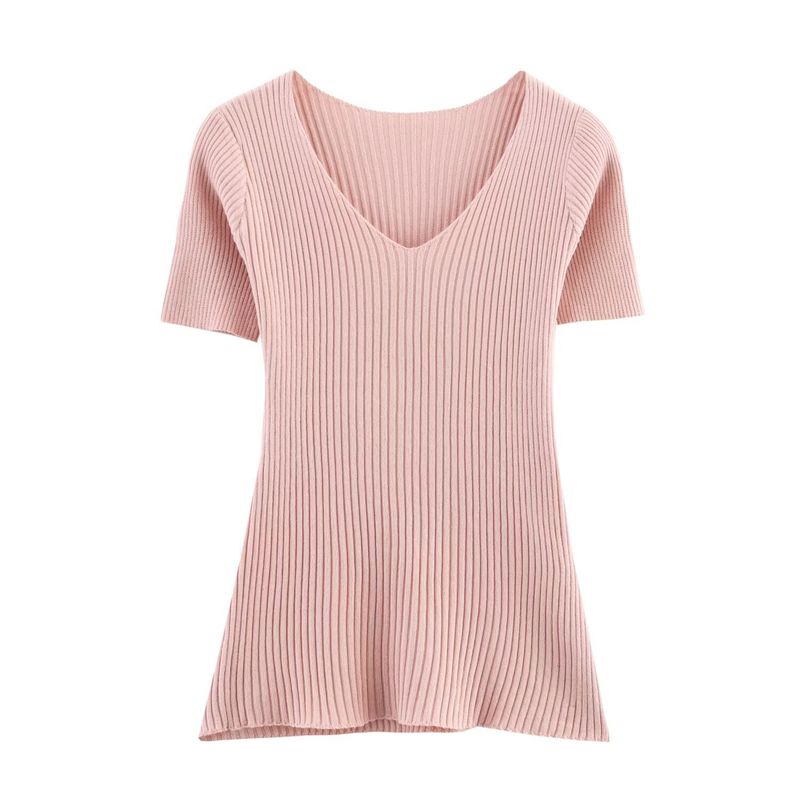 Kaslead New Women clothes Western Style Fashion Simple Solid Color Vertical Stripe Knitted Short sleeve Top