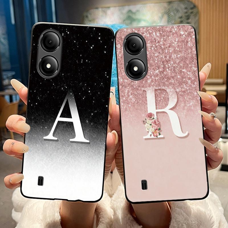 Exclusive Initial Letter With Flower Phone Case For ZTE Blade A33s Soft Silicone Black Case ZTE Blade A33s Anti-scratch Casing