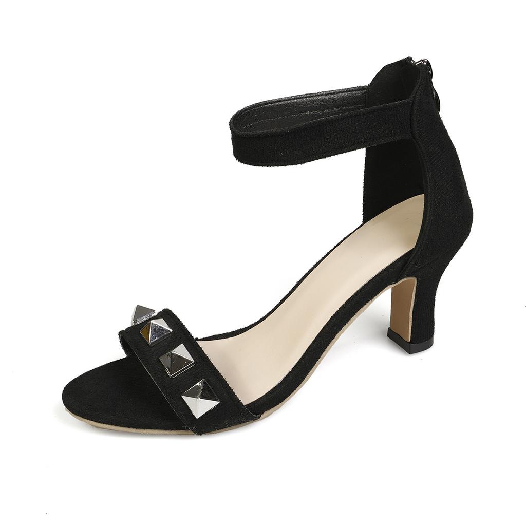 Fashion High Heel Rhinestone Summer Sandals for Women Large Size Open Toe Cover Heeled Ladies Shoes Black Suede Back Zip Sandales Femmes