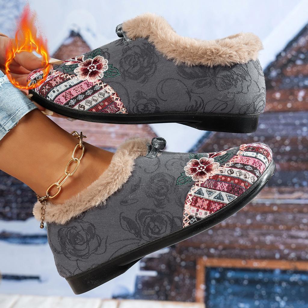 Women's Fleece-Lined Thickened Flat-Soled Embroidered Shoes for Middle-Aged and Elderly Women Chinese Ethnic Style Slip-On Mom Shoes