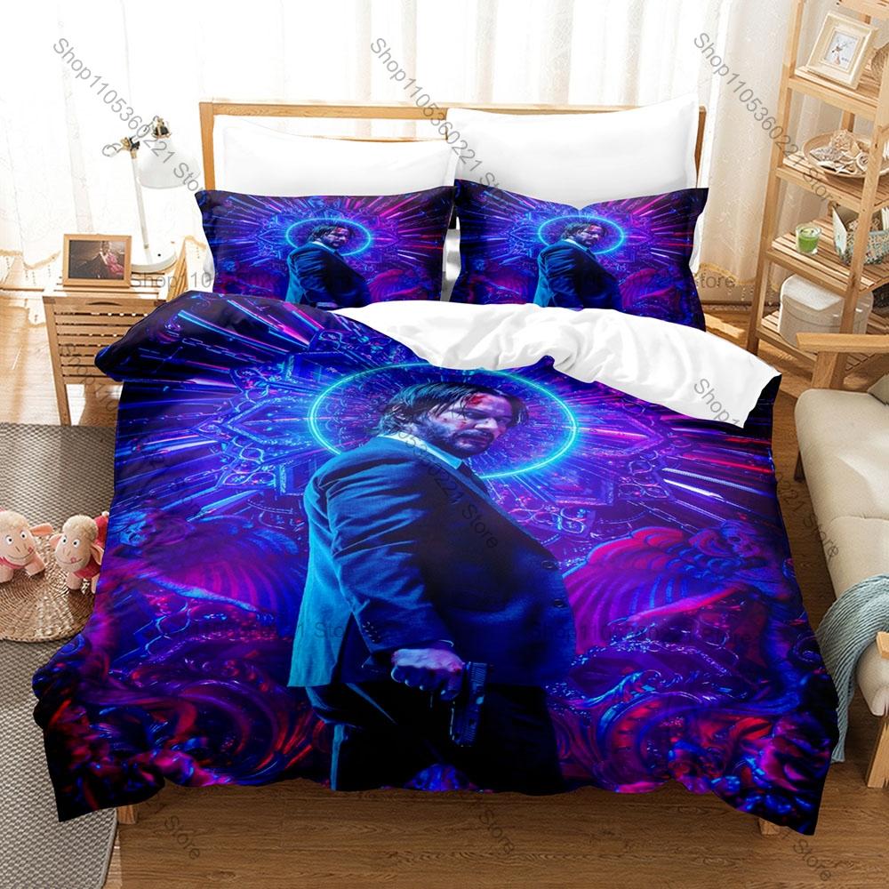 Moody Black Gold John Wick Character Print Duvet Cover + 2 Pillowcases Twin Full Queen King Movie Bedding Set
