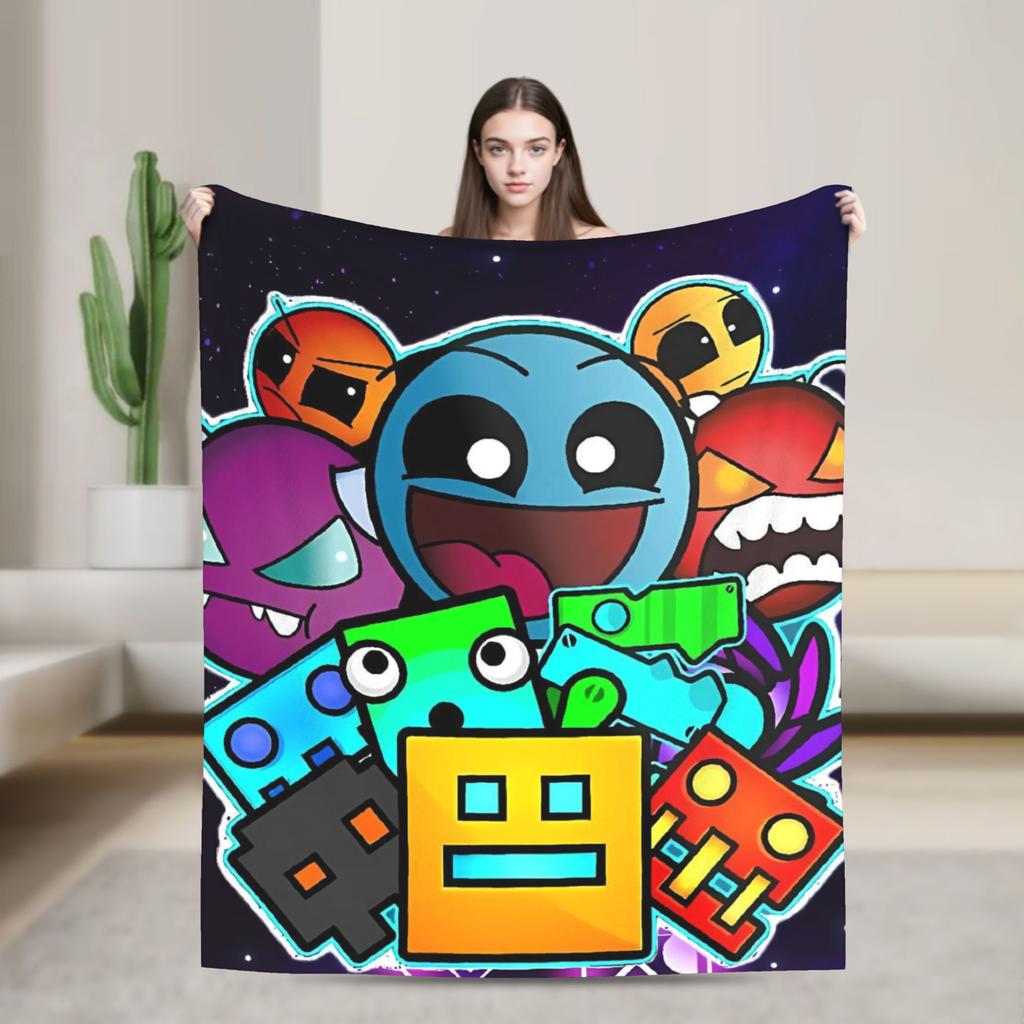 Warm BlanketStudents Camping Geometry Dash Gaming Game Throw Blanket Flannel Bedspread For Couch Bed Funny Sofa Bed Cover