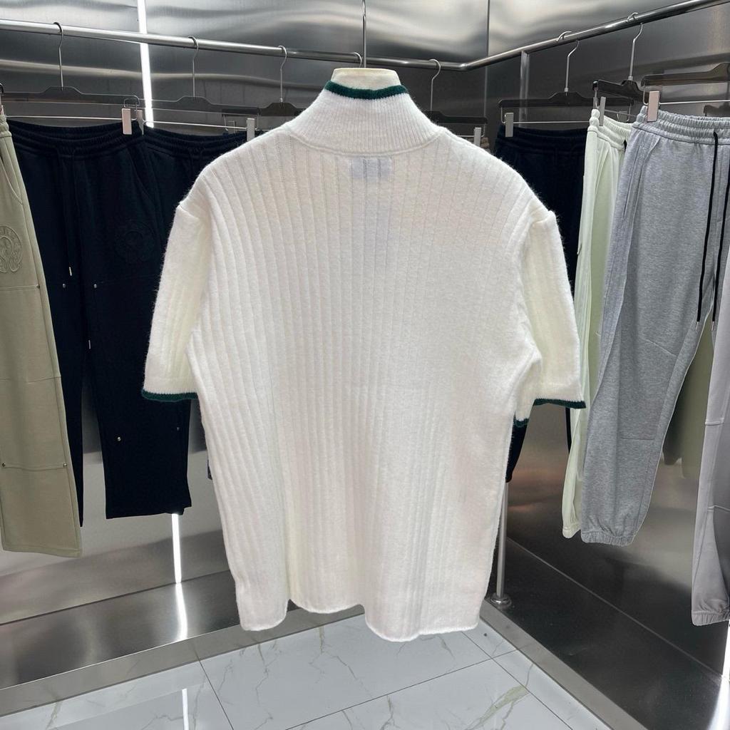 Suéter Camiseta de Malha de Manga Curta Transfronteiriço Europeu-Americano com Gola Alta e Logo Bordado no Peito