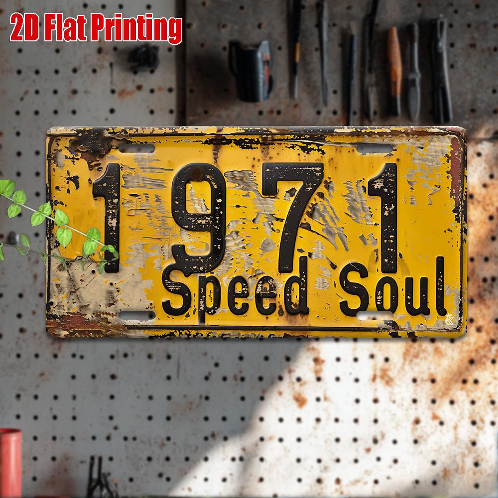 Vintage Metal License Plate Wall Art - "1971 Speed Soul" Rustic Yellow Sign with Black Numbers, Es, Perfect for Garage, Bar, Ca