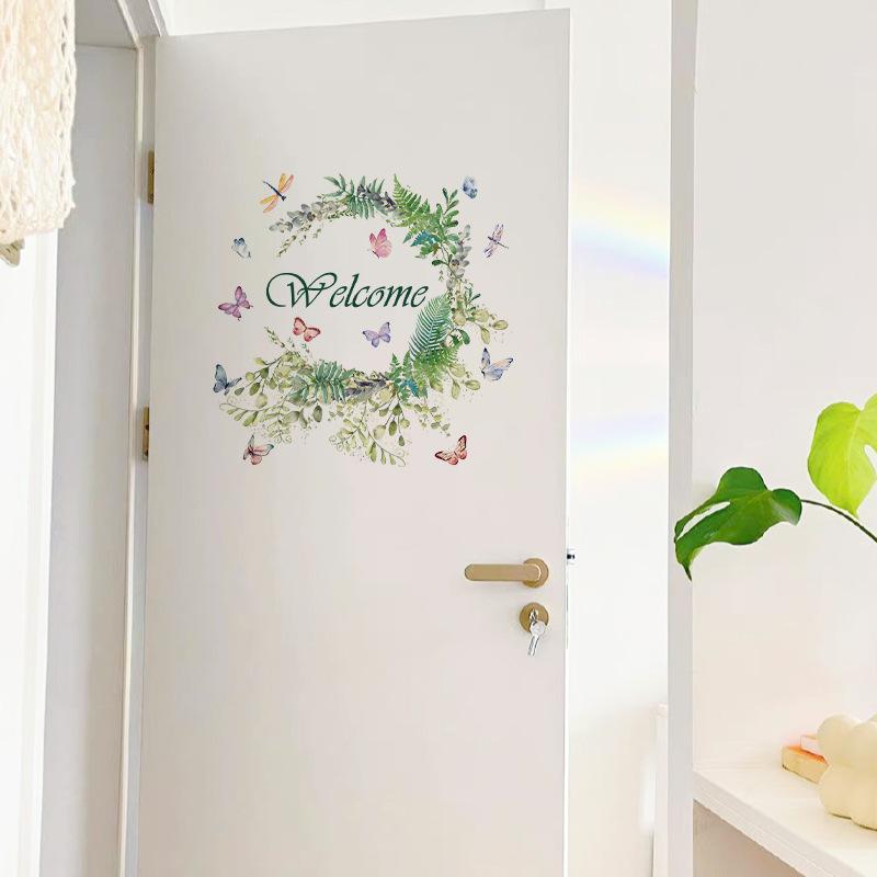 Welcome Door Sticker Green Leaf Butterfly Decal Removable Welcome for Entryway Decor Letters Decorations for Home Shop Glass