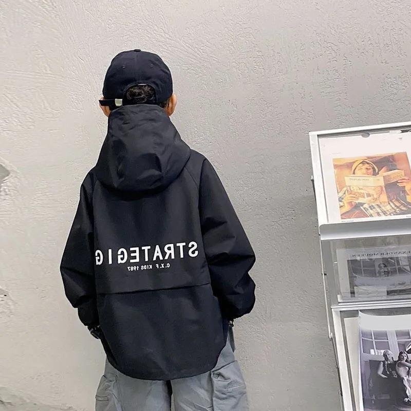 Autumn Spring Contrasting Color Zipper Cardigan Big Size Teenager Boys Coats Casual Outdoor Hooded Sweatshirt Kids Children Windbreaker Jacket