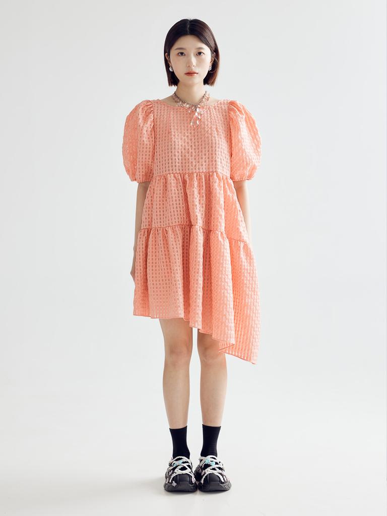 Bomnal Boutique Check Puff Line Midi Dress _ Peach