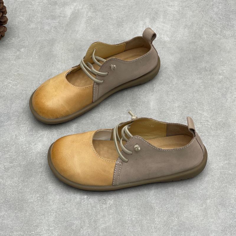 Johnature Handmade Genuine Leather Round Toe Mixed Colors Women's Flat Shoes Elastic Band Slip-on Loafers