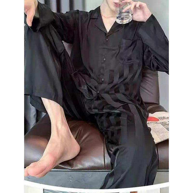 Victoria Men's Secret of Pajamas Spring & Fall Dark Stripes Imitation Silk Long Sleeves Pants Loose Homewear Suit