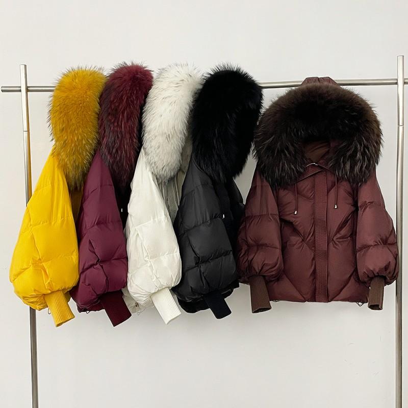 Womens Hooded Down Coat With Raccoon Fur Trim Knit Sleeve Loose Fit Mid-Length Warm Winter Jacket