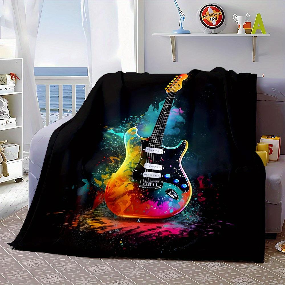 Rock Guitar Print Flannel Fleece Throw Blanket Reversible Lightweight Office Nap Cover Contemporary Style Gift