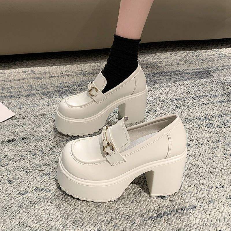 9Cm Thick Heel High Heel British Style Small Leather Shoes Women's Autumn and Winter Thick Sole Waterproof Table Slope Heel Velvet One Pedal Loafers