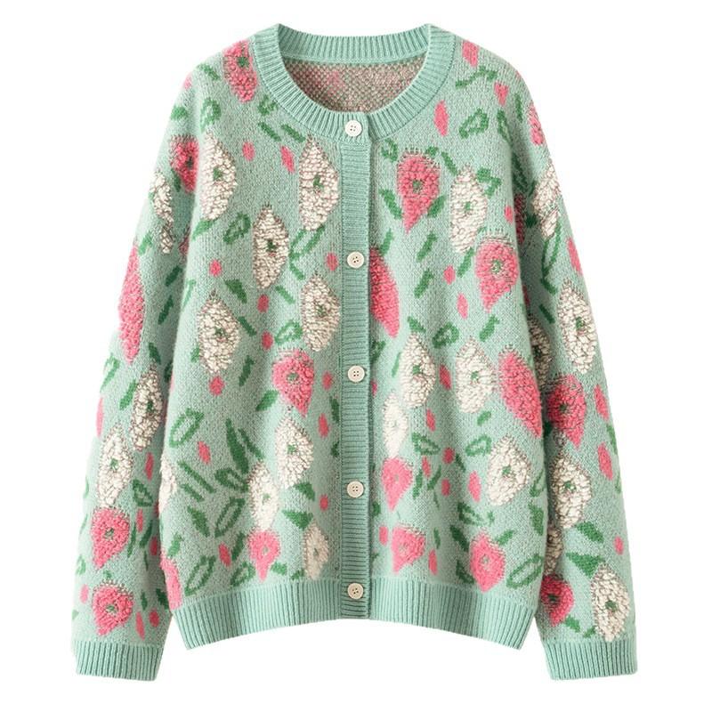 Lazy Wind Loose And Thin Towel Embroidered Sweater Jacket For Women'S Autumn And Winter New Flower Round Neck Knitted Thickened Cardigan For Women