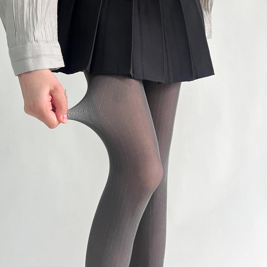 Spring/Summer New Luxury Black Nylon Thin Stockings Silver Thread Vertical Stripe Pantyhose Shiny Durable Snag-Resistant