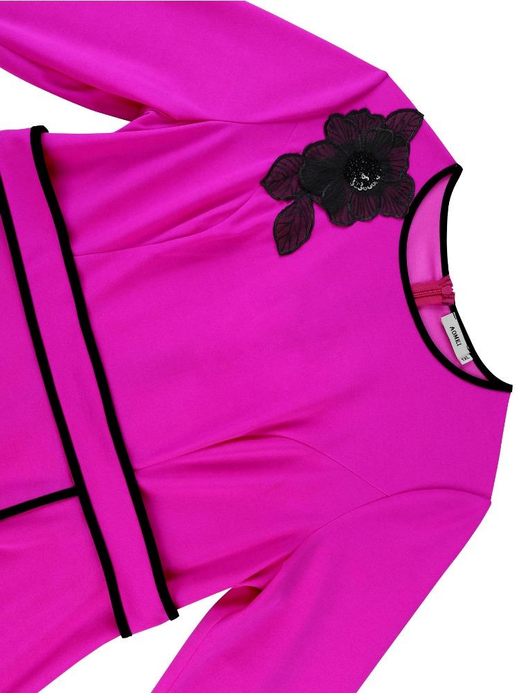 Women Elegant Rose A Line Midi Dress O Neck Long Sleeves Appliques Pleated Color Block Slit Classy Evening Party Daily Office