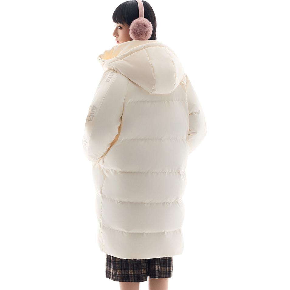 Anta Letter Zipper Hooded Comfortable Breathable Versatile Casual Long Down Jacket Women outerwear Vanilla Cream 962448902-1