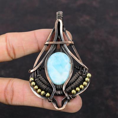 Larimar Pendant Copper Wire Wrapped Pendant Gemstone Pendant Unique Copper Jewelry Handmade Designer Pendant Larimar Jewelry Gift For Mother
