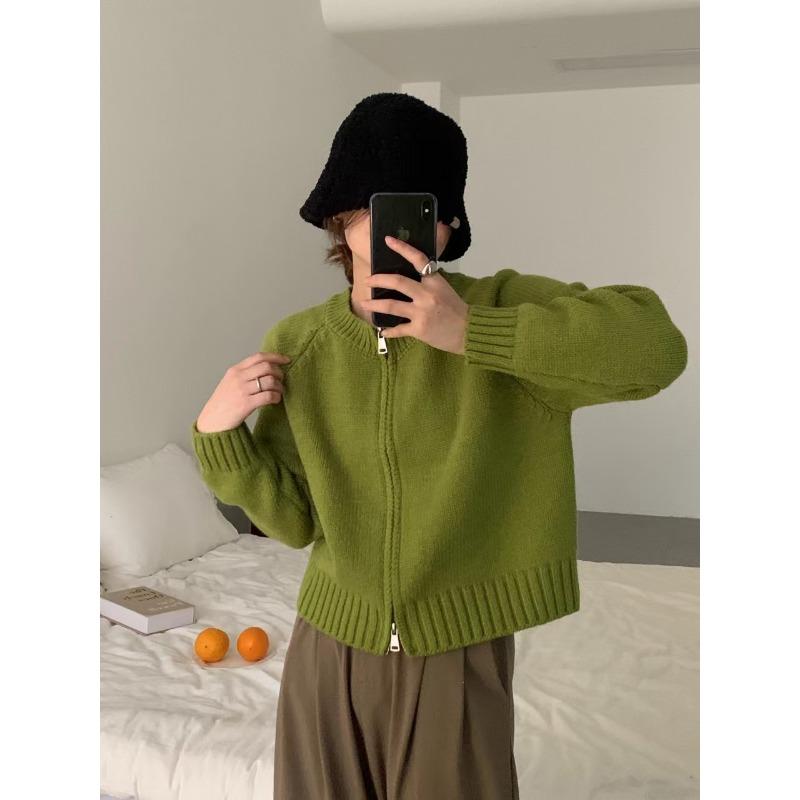 Double zipper short orange sweater jacket women's autumn and winter new thickened knitted jacket slim short top