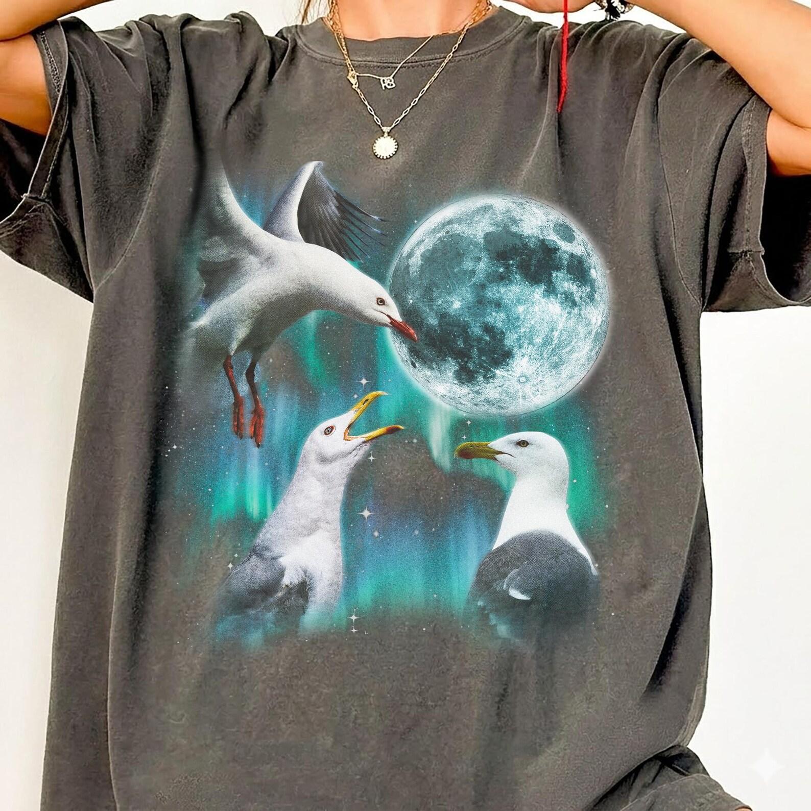 Seagull T-Shirt, Three Seagulls Moon Graphic Tee, Comfort Colors Bird Lover Shirt, Funny Beach Bird Gift For Her, Coastal Sea Bird Tee M