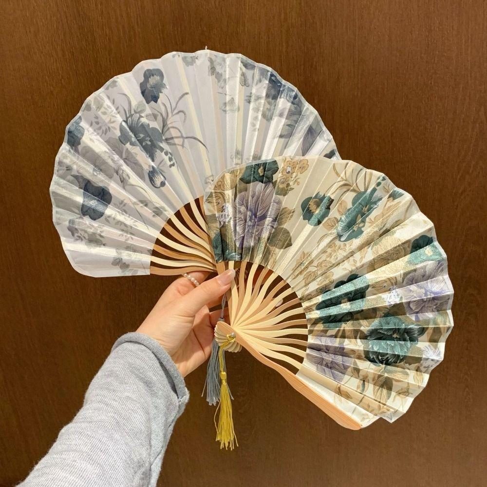 Woman Men Silk Flower Folding Fan Portable Retro Shell Fan Hand Fold Fan Living Room Cabinet Decor