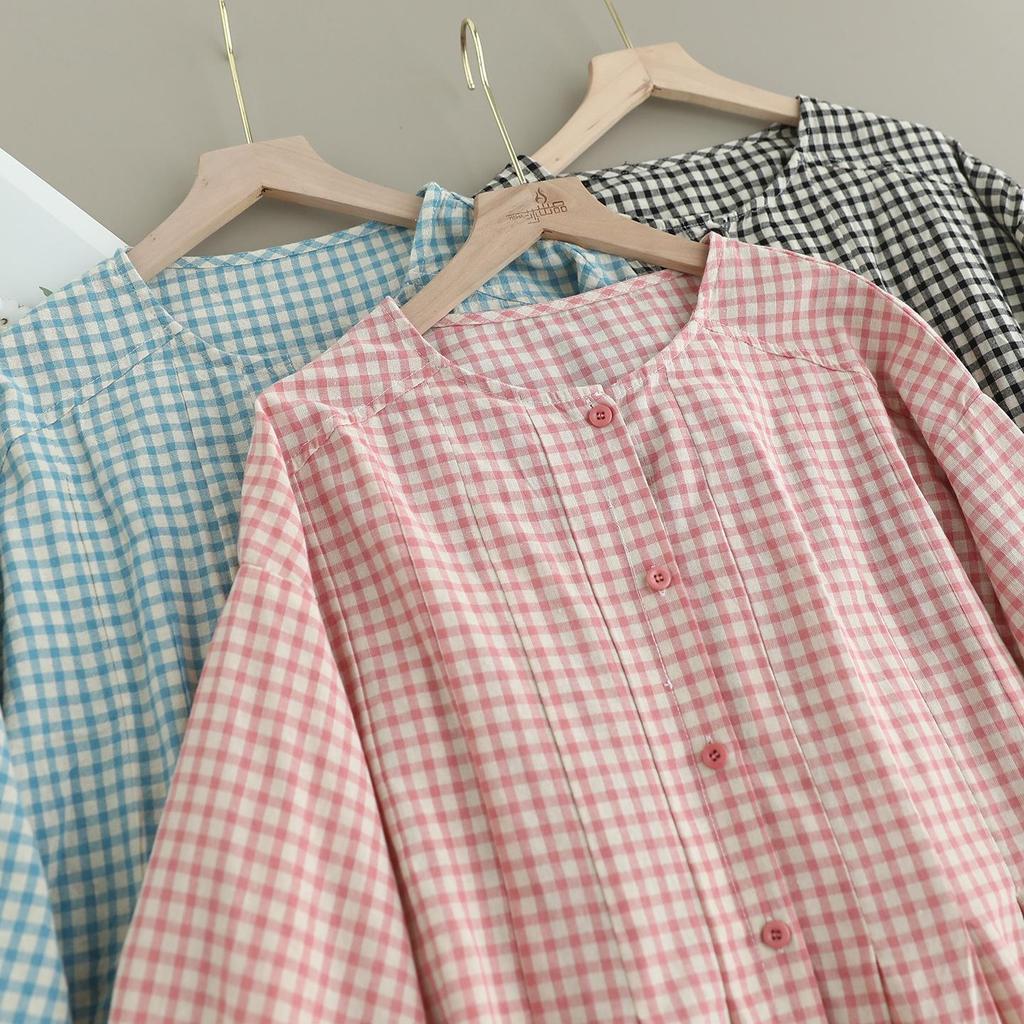 Neues Süßes Karomuster Babydoll-Top für Damen - Langärmlig, Gerafft, Einreihig, Lockere Passform, Vielseitiges Design