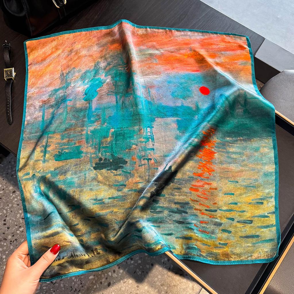 Luxuriöser 100% Maulbeerseide Schal Damen Ölgemälde Druck Bandana Schal Dame Halstuch Taschentuch Damen Dekoratives Wickeltuch
