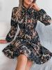Elegant Floral Lace Up Waist Long Sleeve Pleated Midi Dress For Women