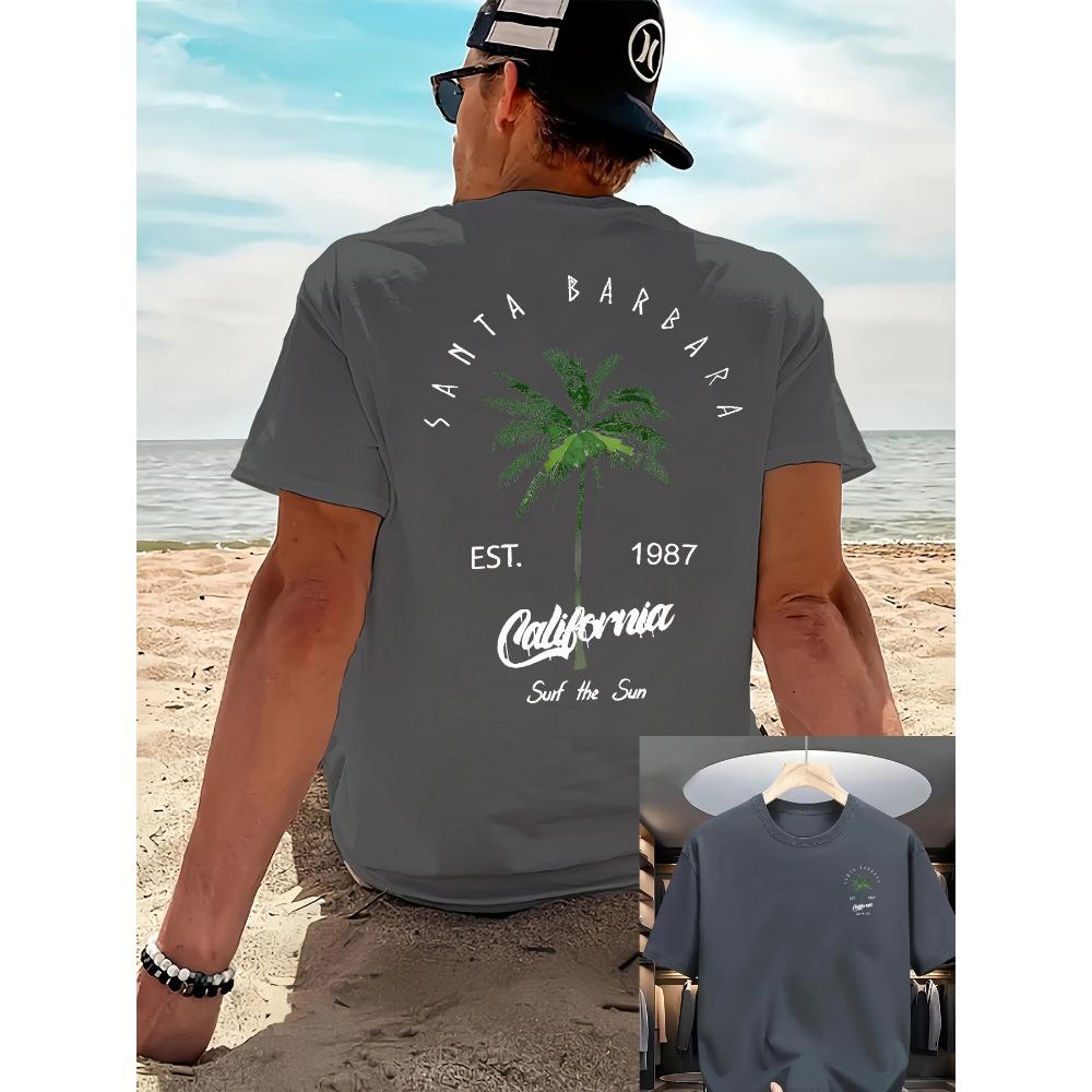 T-shirt Casual Mode d'Été pour Homme 100% Coton Pur Coupe Ample Imprimé Cocotier Plage Californie Manches Courtes Sport
