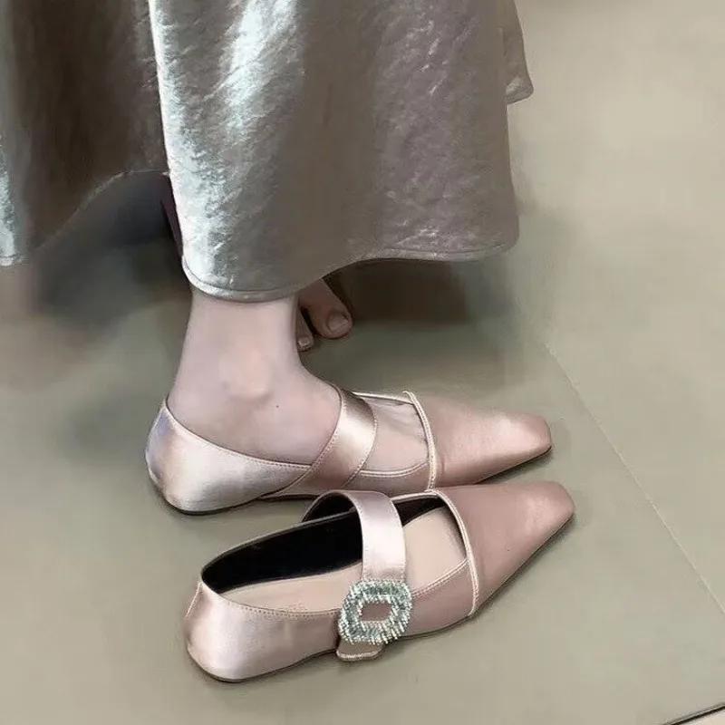 Temperament Satin Single Shoes Spring New Square Head Shallow Mouth Fashion Rhinestone Soft Sole Women's Shoes