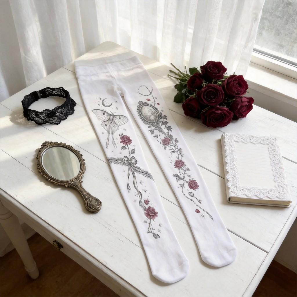 White Velvet Floral Pattern Stockings For Young Women With Breathable Elasticity