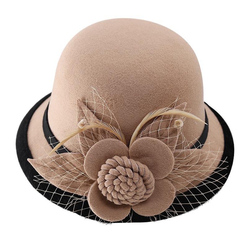 Hat Women's autumn and winter warm woolen hat Mom temperament dome hat Elegant retro mesh flower fashion hat